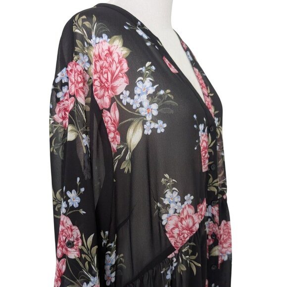 Torrid Floral Sheer Tunic Womens Size 3X Black Hi Low Button Front V Neck Shirt - Picture 9 of 15